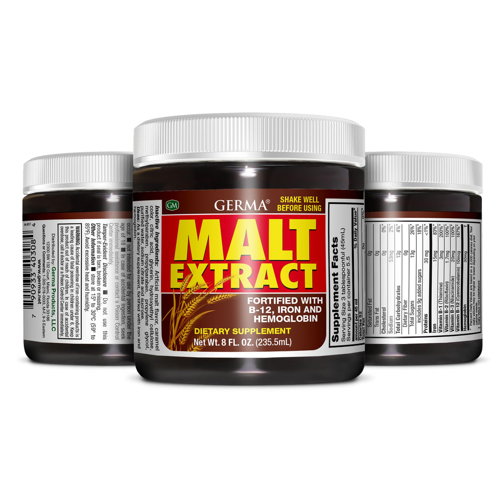 Germa malt extract bottle front showing fortified nutrients for daily support.