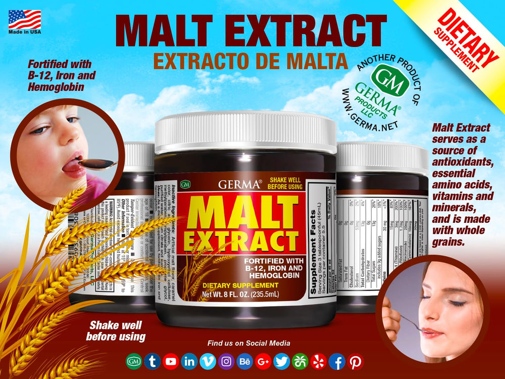 Germa malt extract bottle pour capturing quick mix for a nutrient boost.