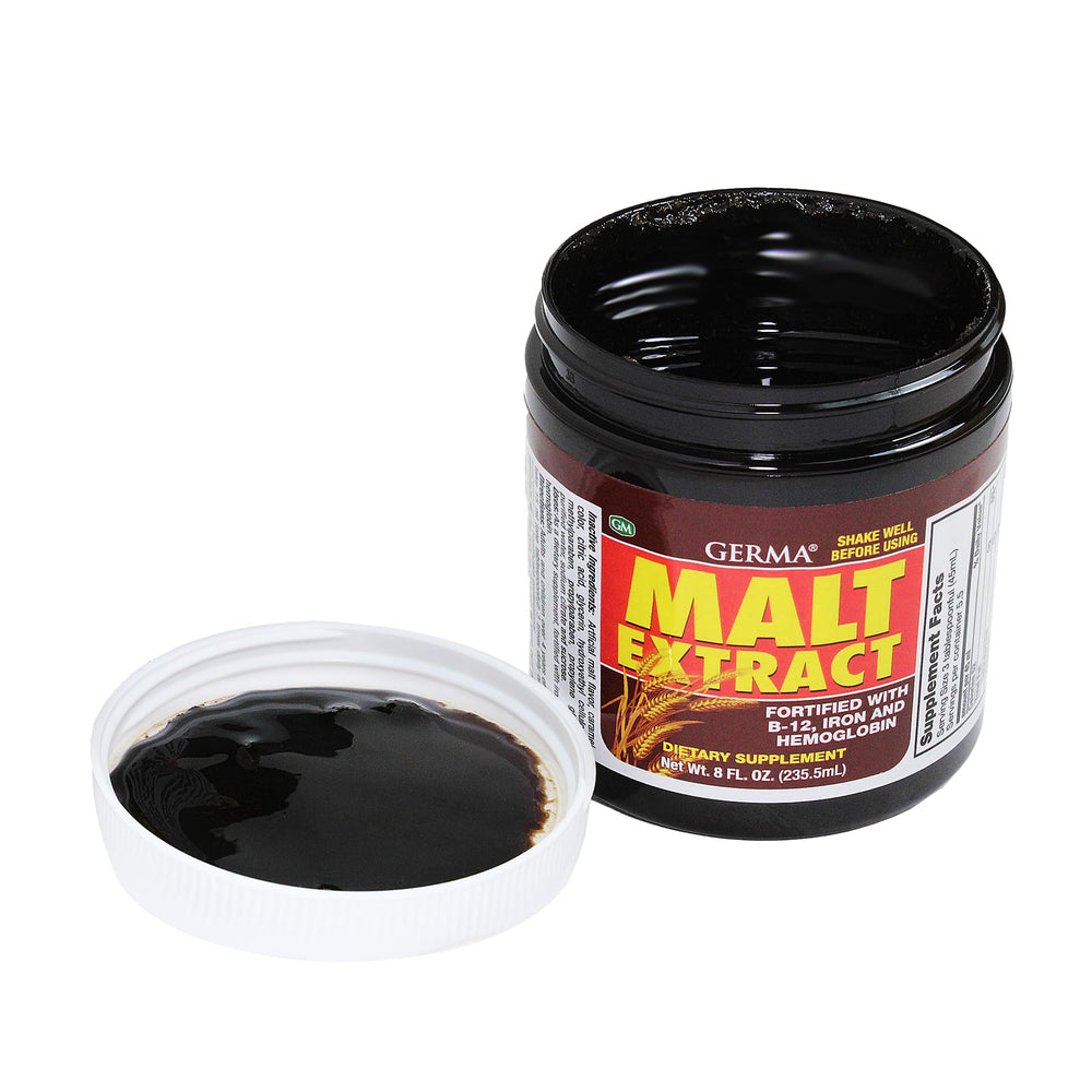 Germa malt extract glass with liquid illustrates easy mixing into drinks.