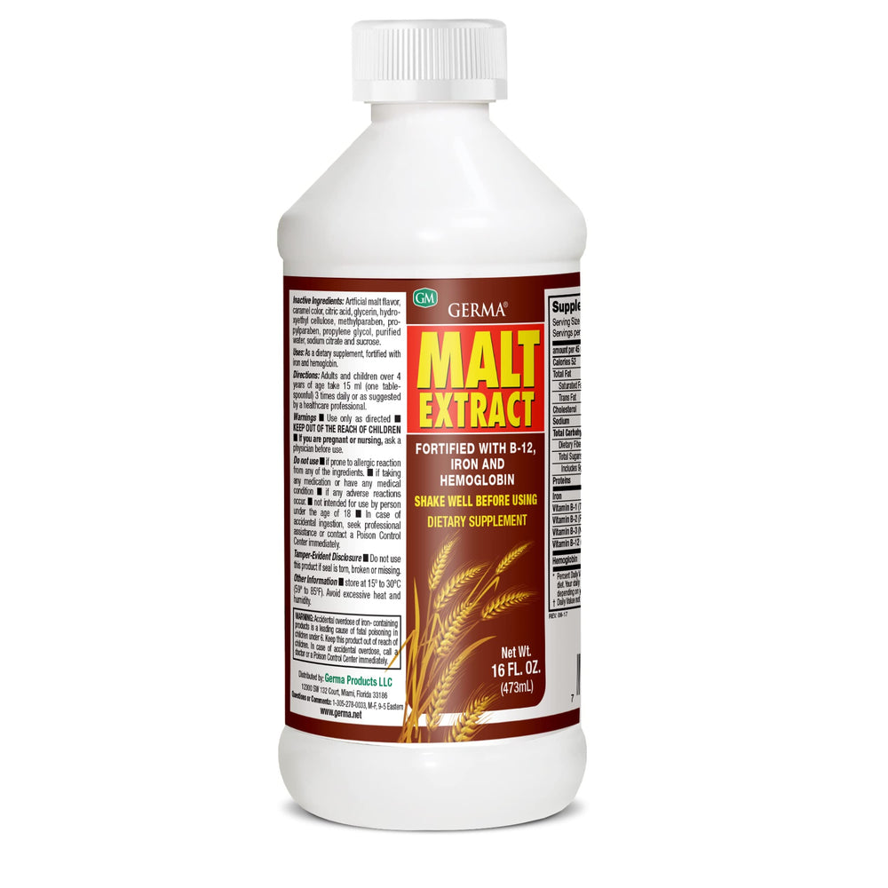 Germa Malt Extract label close-up showing B-12 and iron fortification.