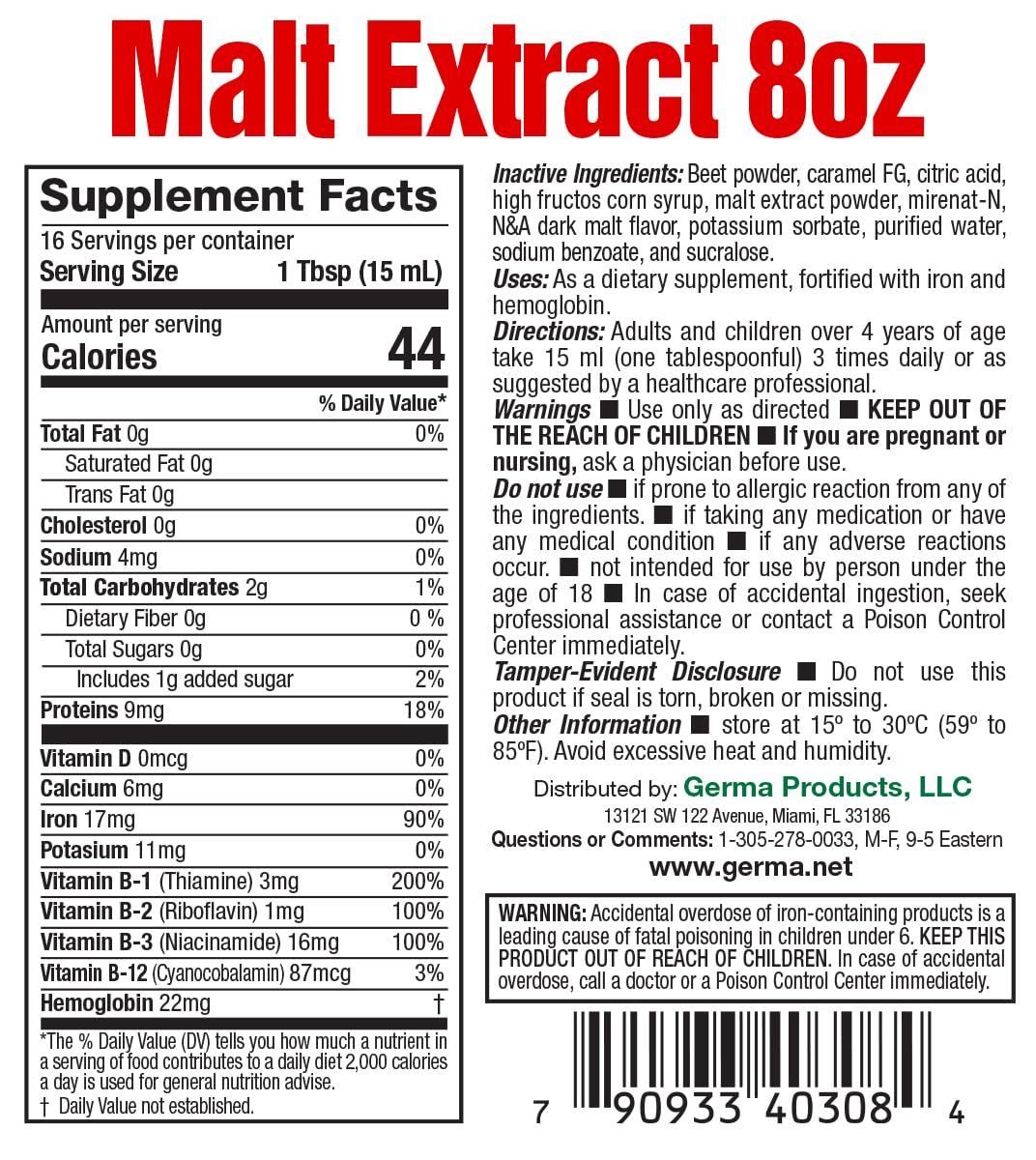 Germa malt extract label detail highlights essential nutrients for informed use.