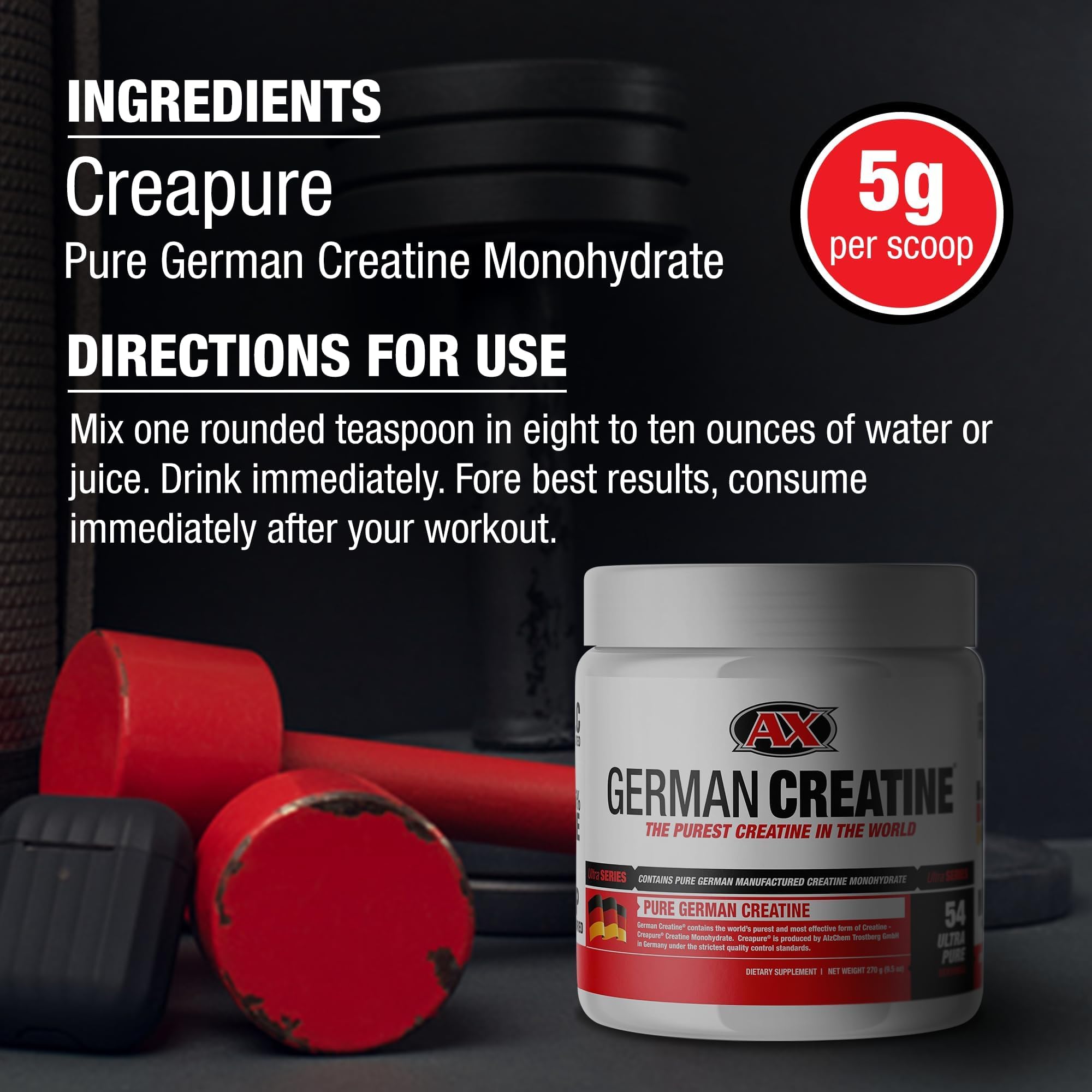German Creatine dissolving in water for quick, smooth mixing.