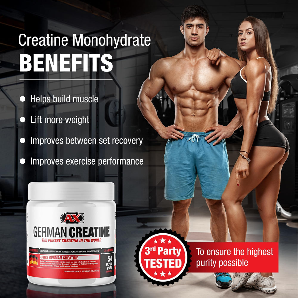 German Creatine scoop dispensing precise servings to support workouts.