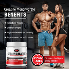 German Creatine scoop dispensing precise servings to support workouts.