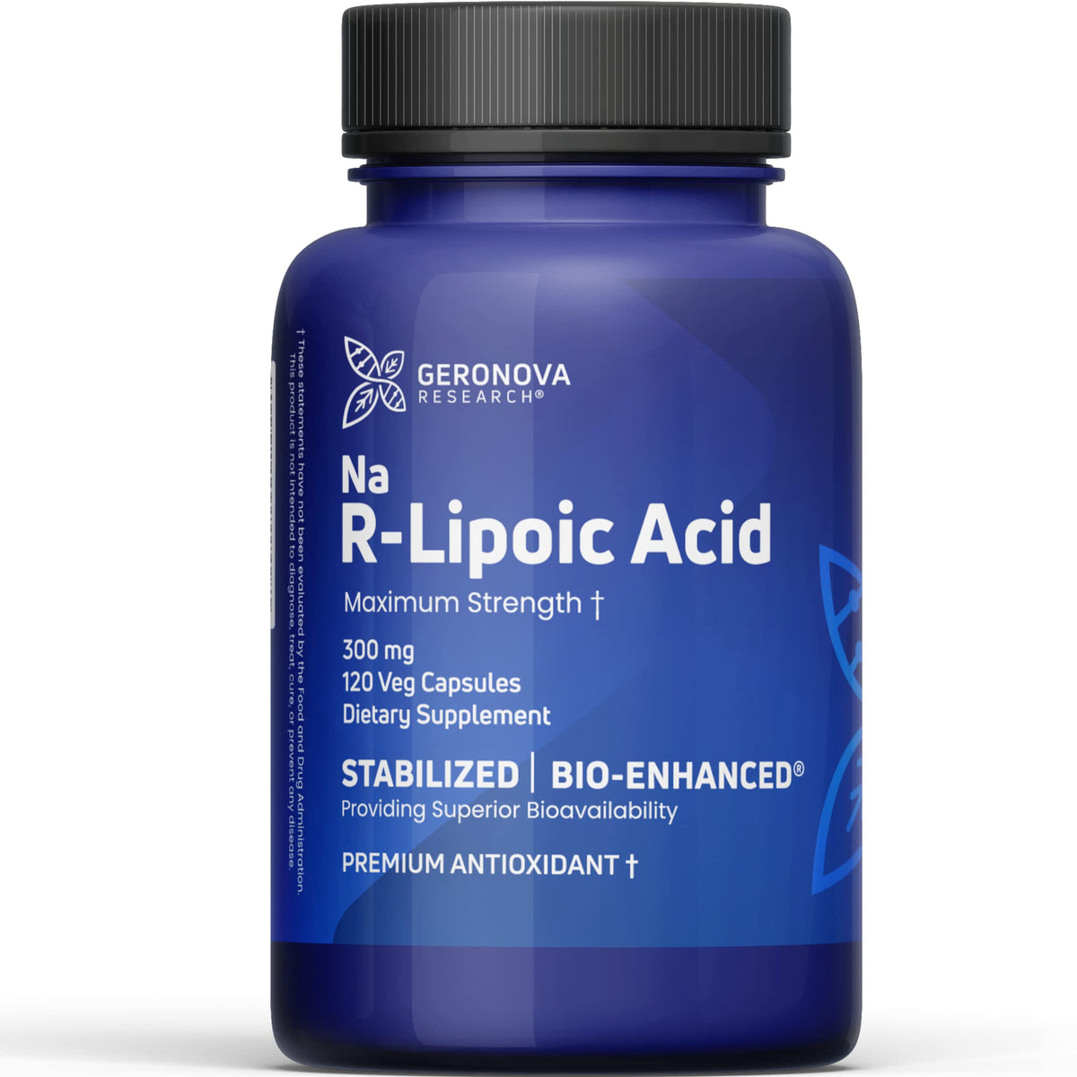 Geronova Research bio-enhanced R-Lipoic Acid bottle front showing premium absorption