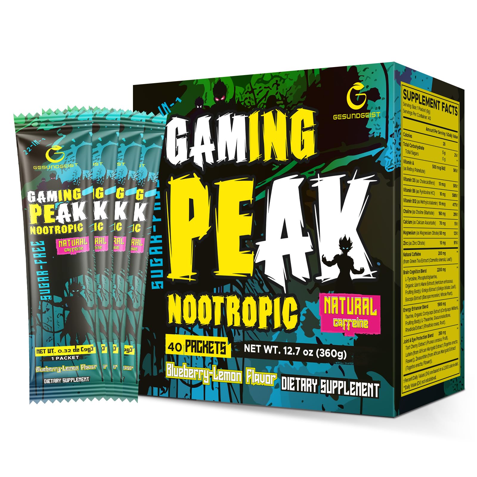 Gesundgeist Energy Drink Powder blue packaging promotes focused gaming sessions.
