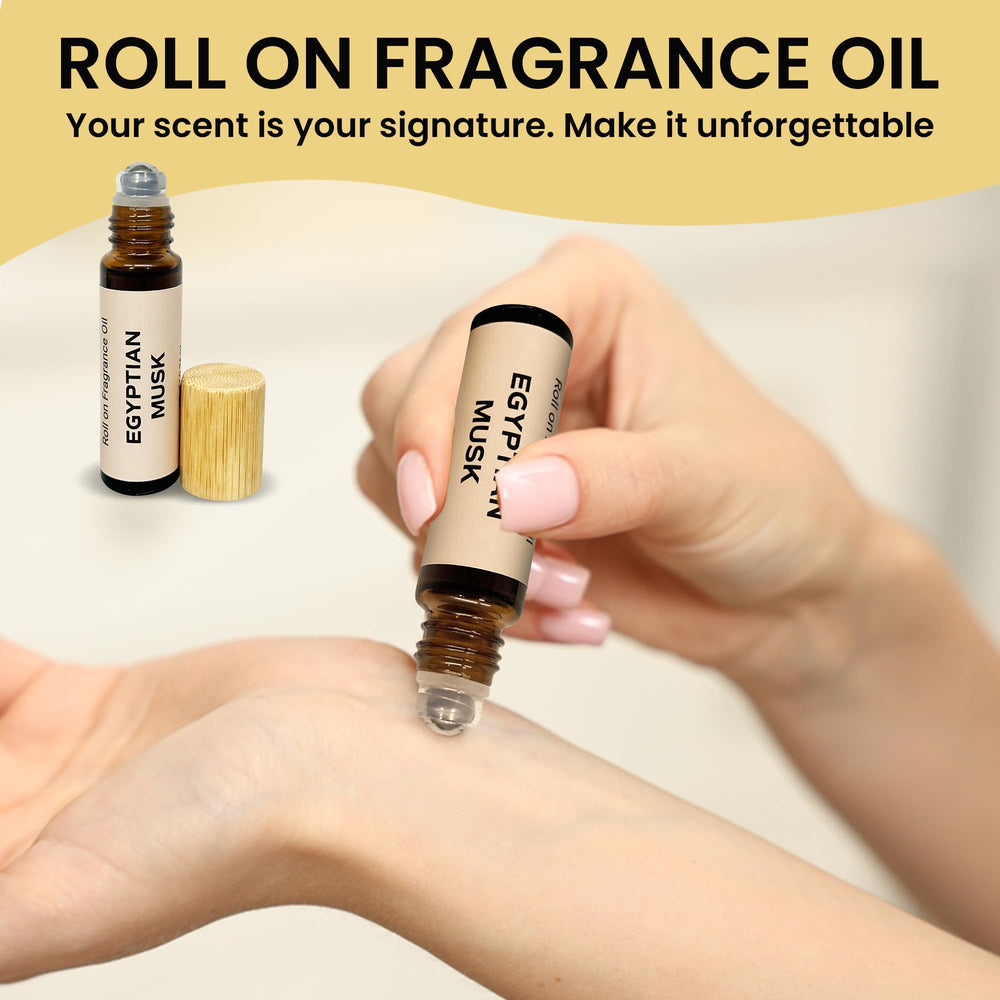 Geti Beauty Egyptian Musk roll-on label highlighting enduring aroma for travel days.