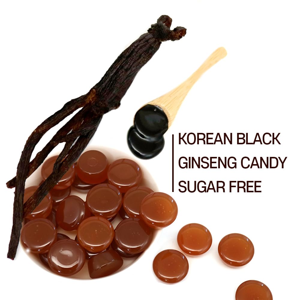 GeumHeuk Black Ginseng Candy bag closeup showcasing sugar-free formula and convenient packaging