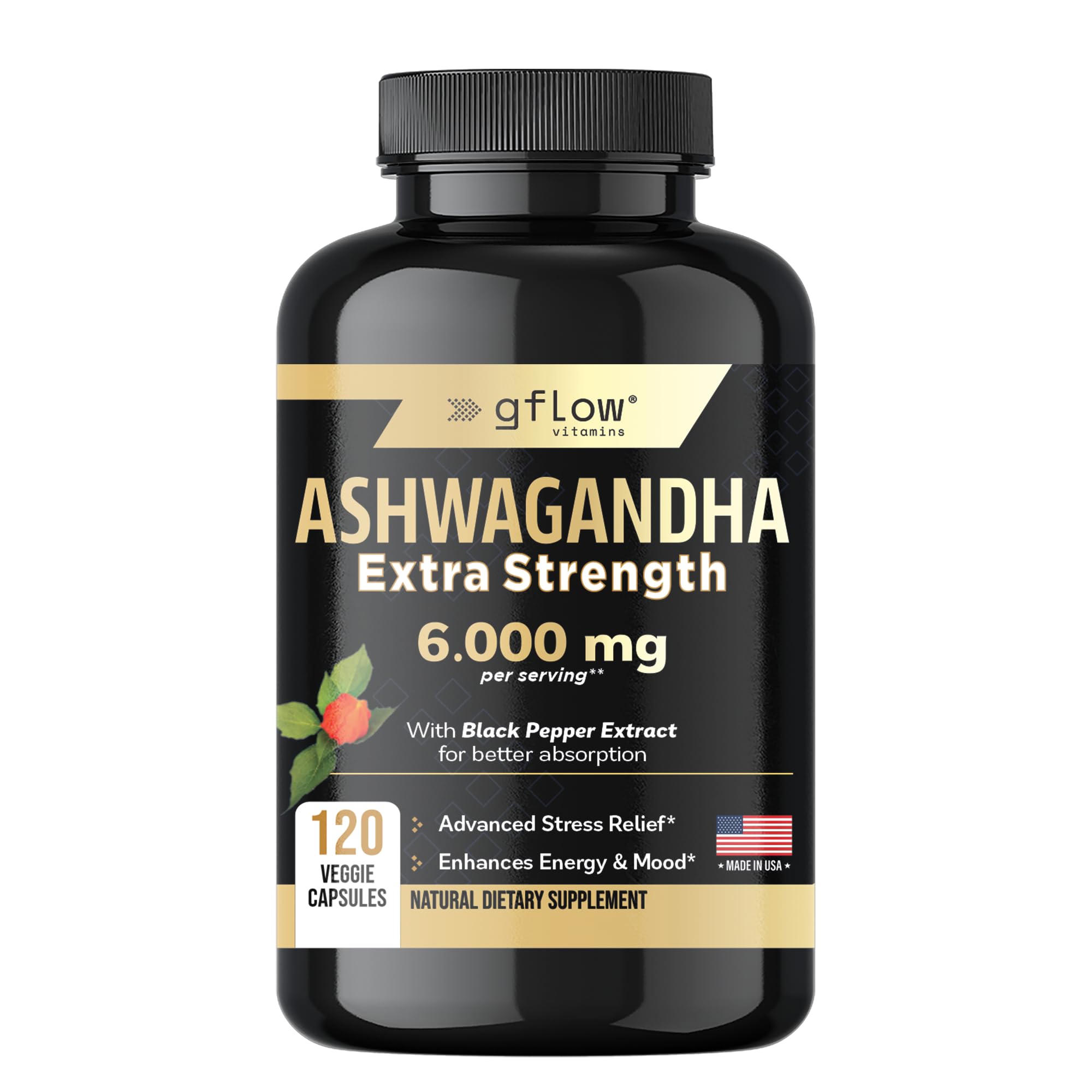 Gflow Ashwagandha 6000mg bottle on a shelf promotes daily balance and calm energy.