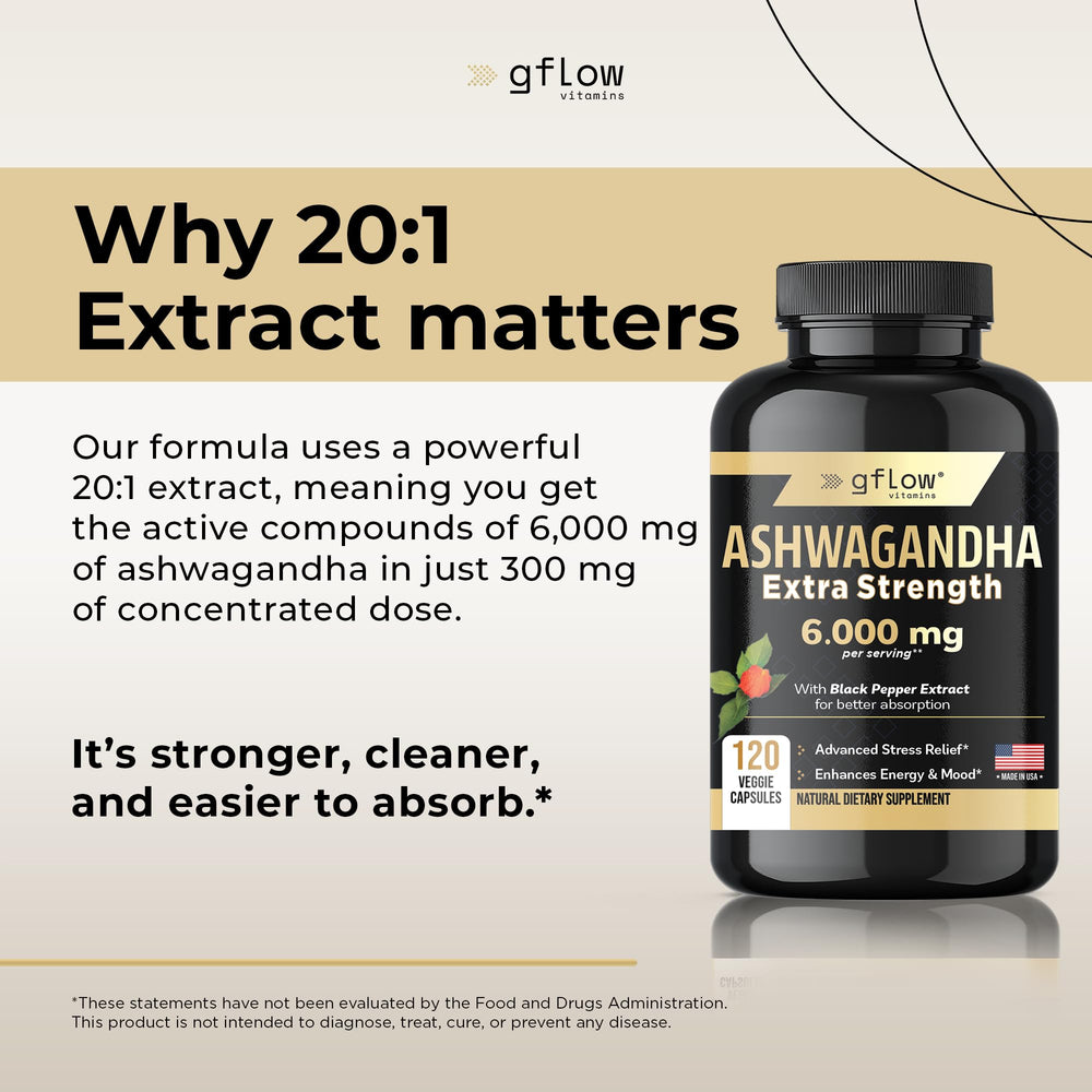 Gflow Ashwagandha 6000mg bottle label highlights high potency extract.