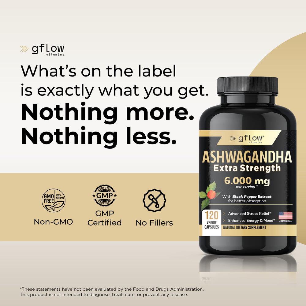 Gflow morning routine with Ashwagandha bottle on desk.