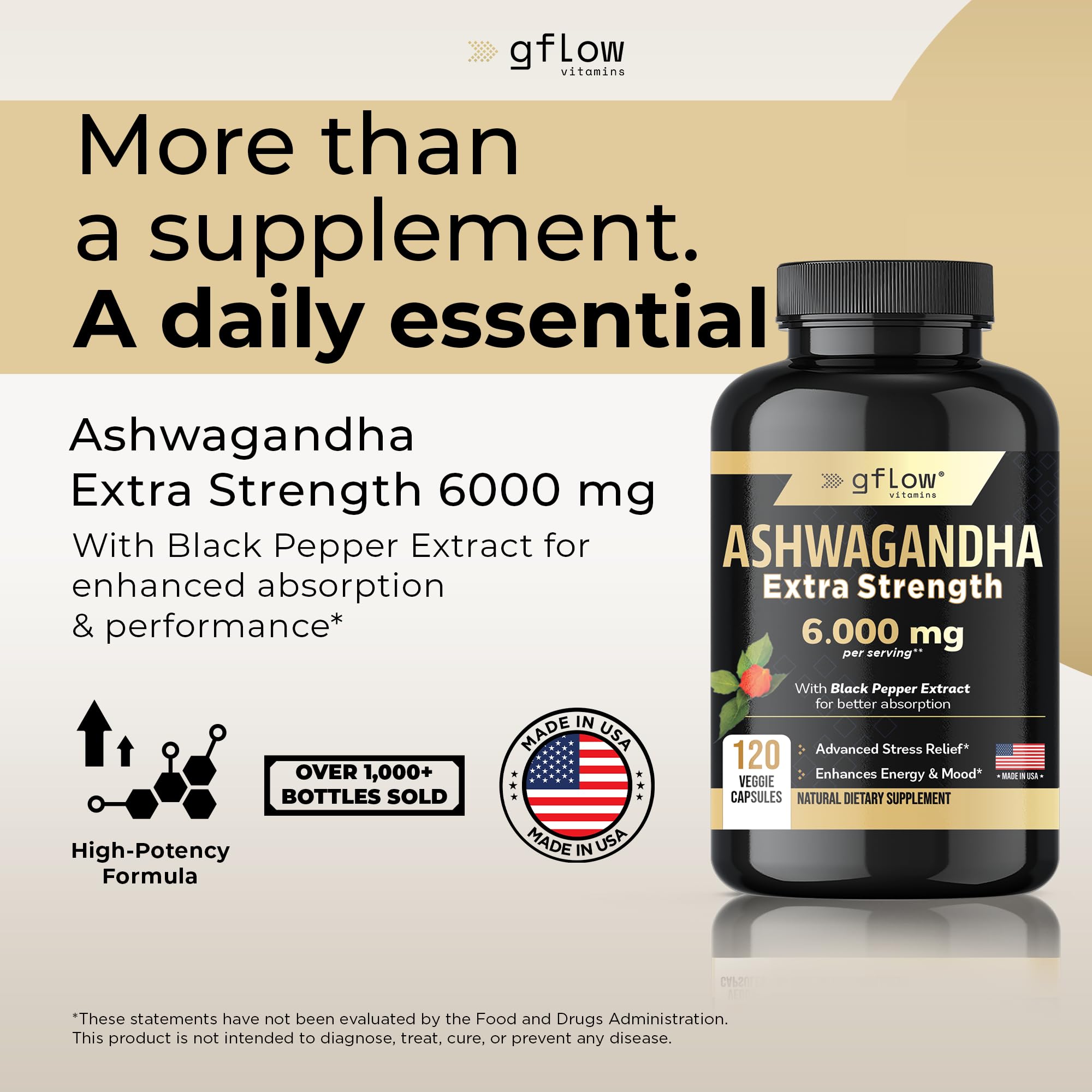 Close-up of Gflow Ashwagandha capsules for easy daily use and energy support.