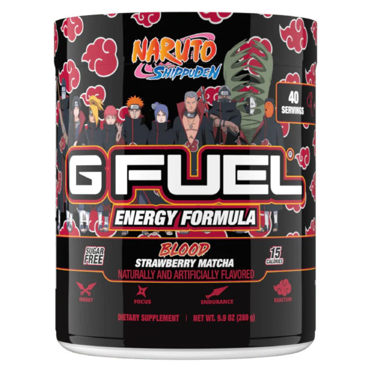 G Fuel Akasuki Blood Energy Powder bottle shows a sugar-free strawberry–matcha flavor for focused gaming