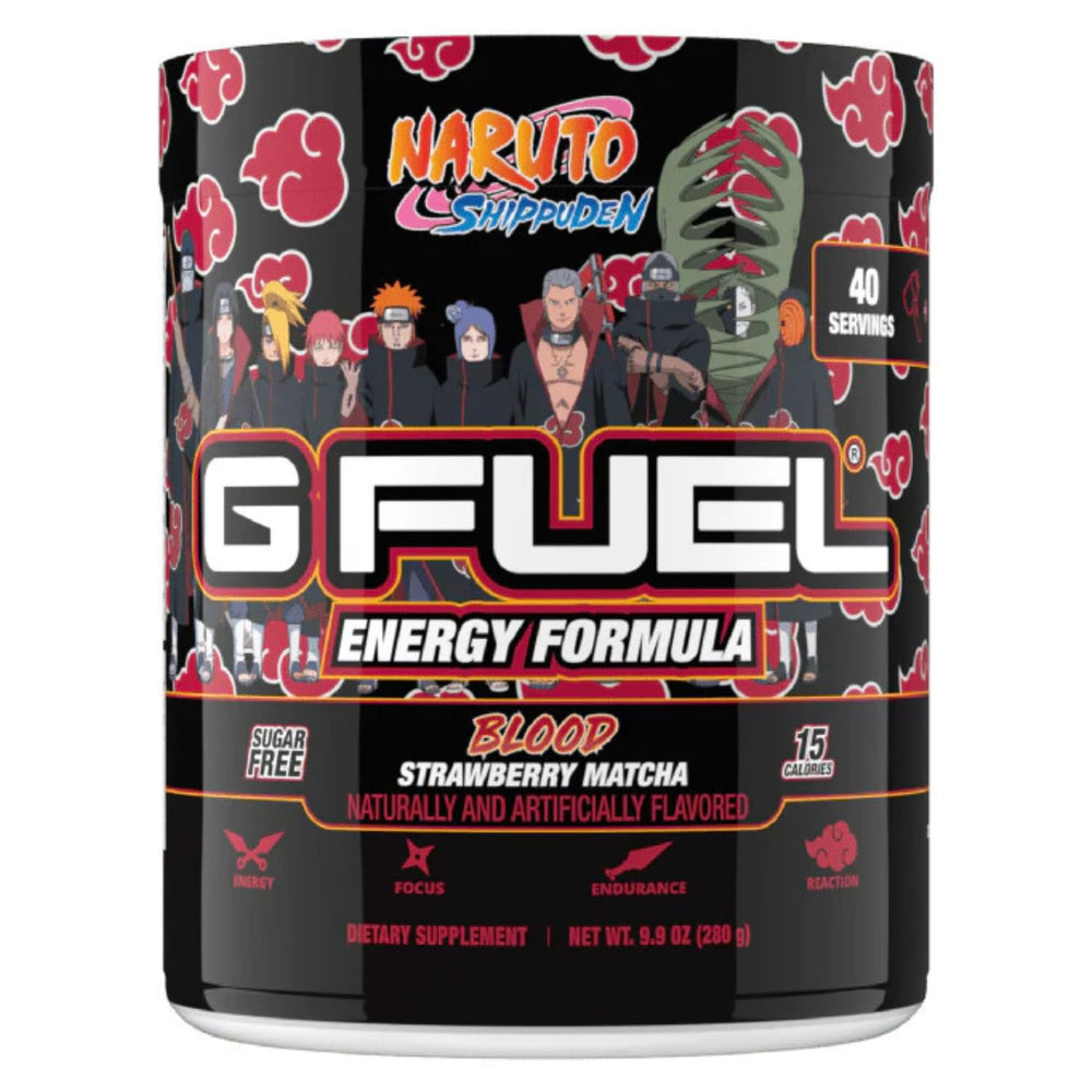 G Fuel Akasuki Blood Energy Powder bottle shows a sugar-free strawberry–matcha flavor for focused gaming