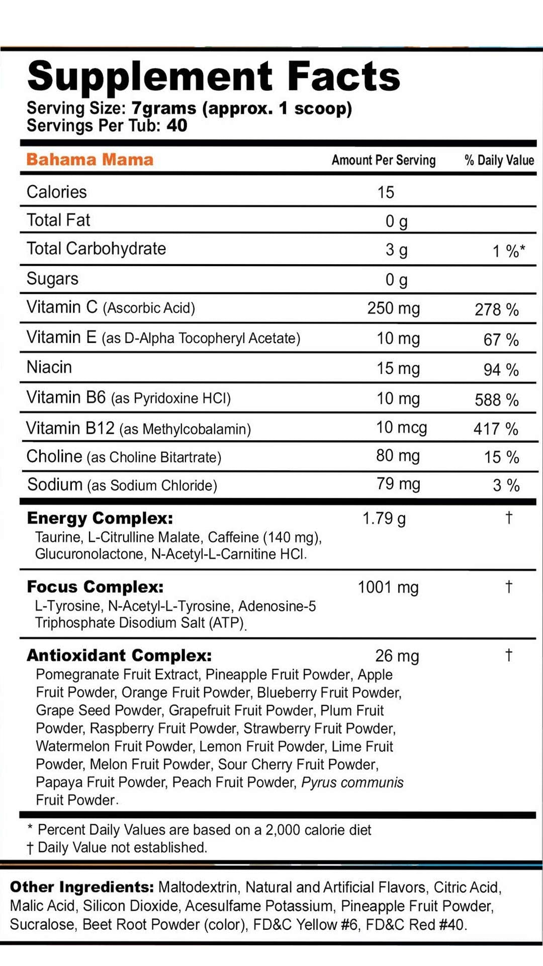 G Fuel Bahama Mama nutrition panel emphasizes antioxidants and vitamins for everyday energy.