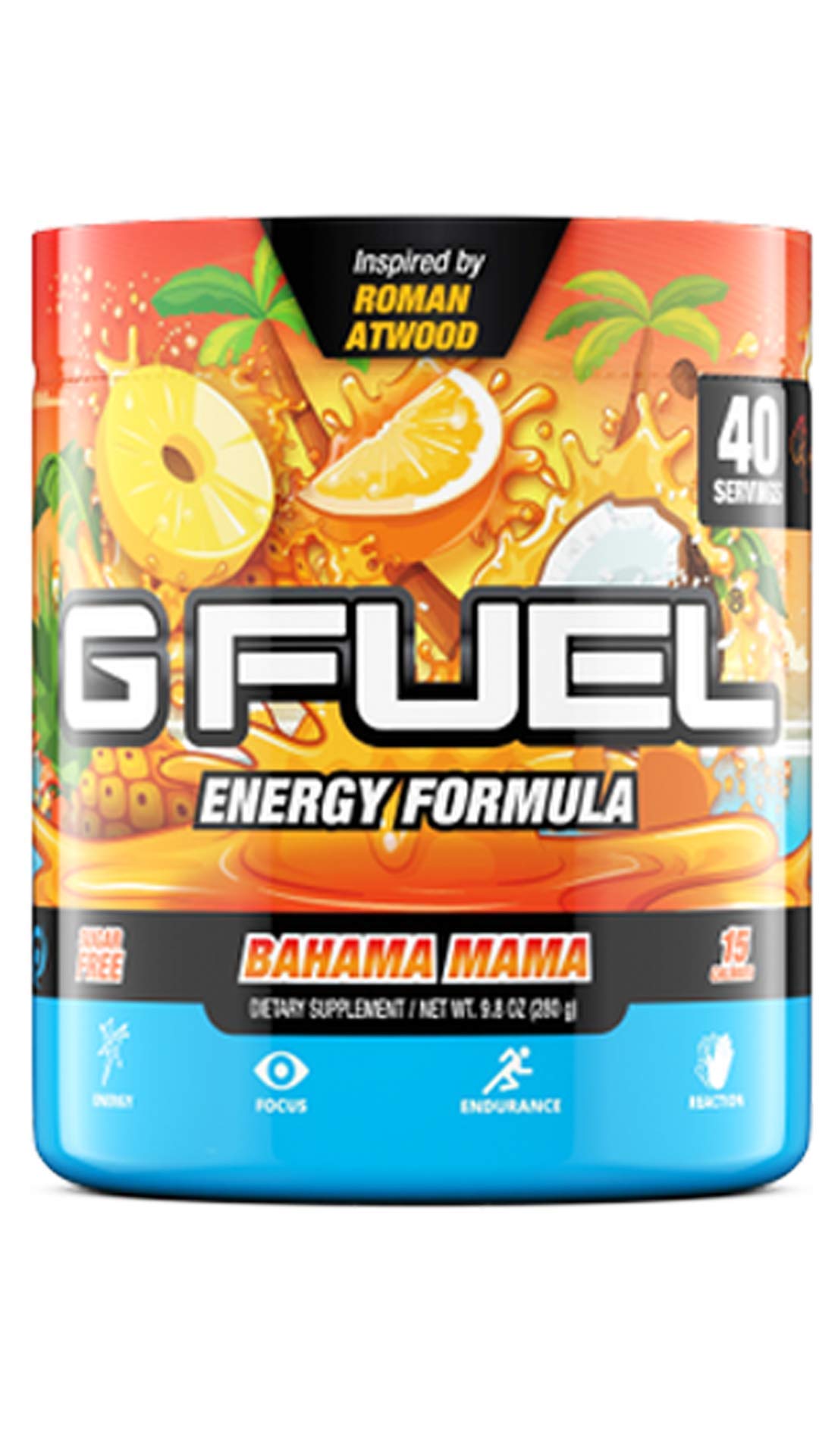G Fuel Bahama Mama powder bottle highlights sugar-free energy for focused gaming.