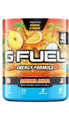 G Fuel Bahama Mama powder bottle highlights sugar-free energy for focused gaming.