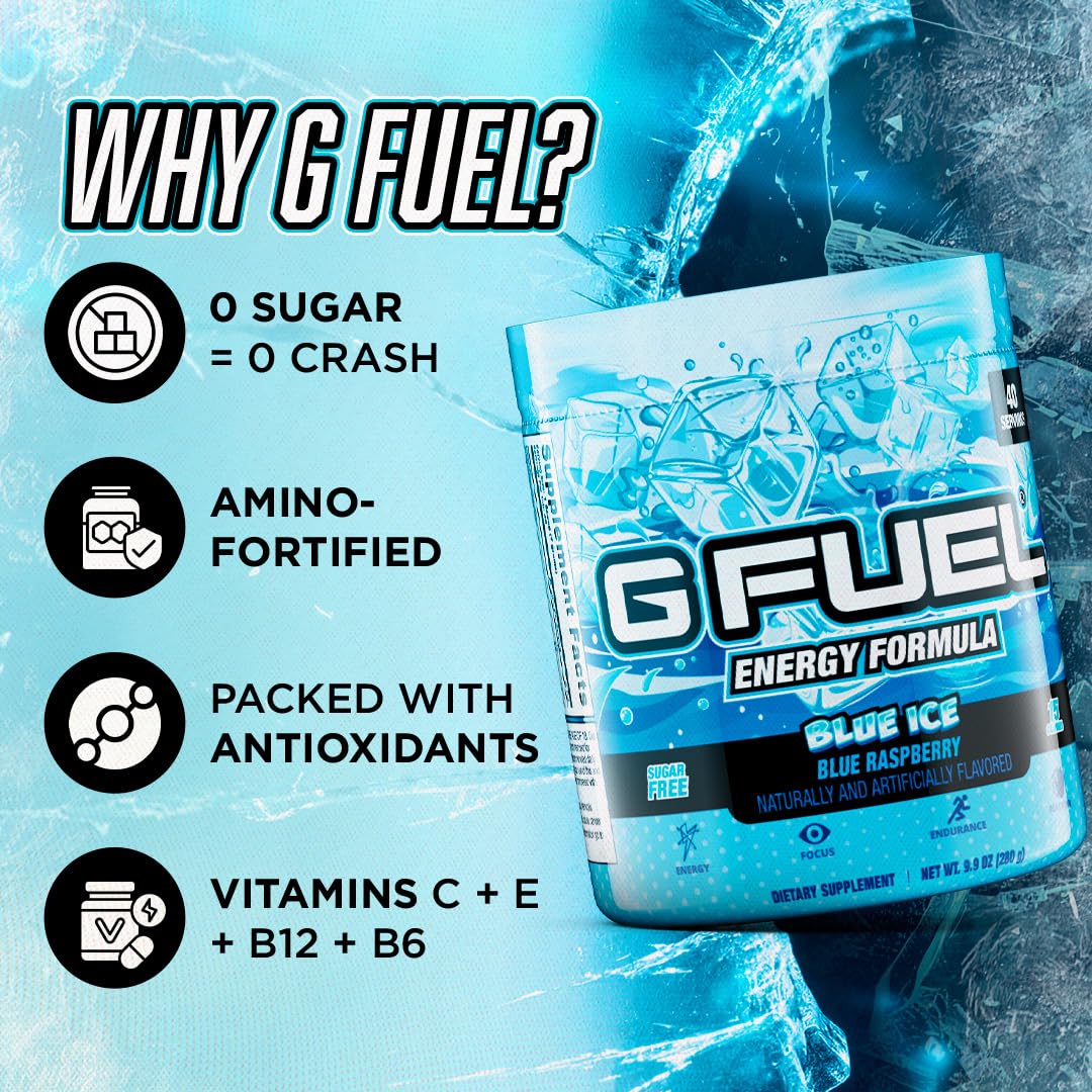 G Fuel Blue Ice tub with scoop shows convenient, on-the-go energy source