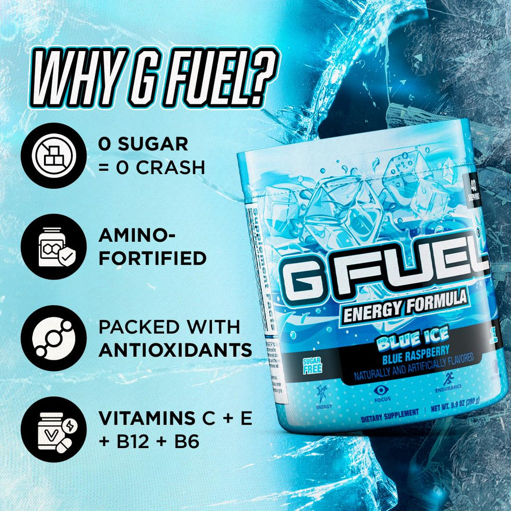 G Fuel Blue Ice tub with scoop shows convenient, on-the-go energy source