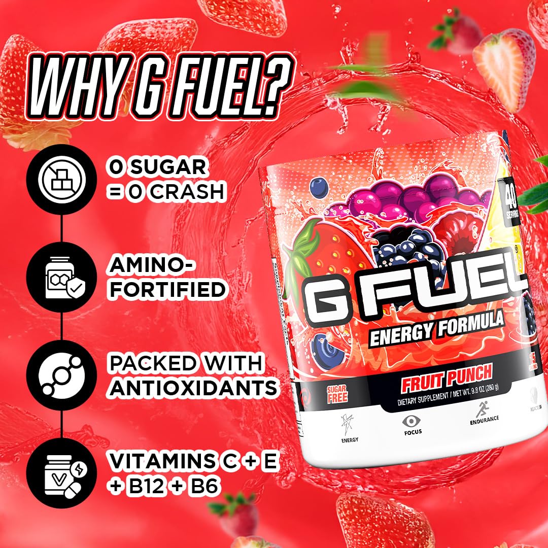 G Fuel Fruit Punch nutrition facts label emphasizing vitamins