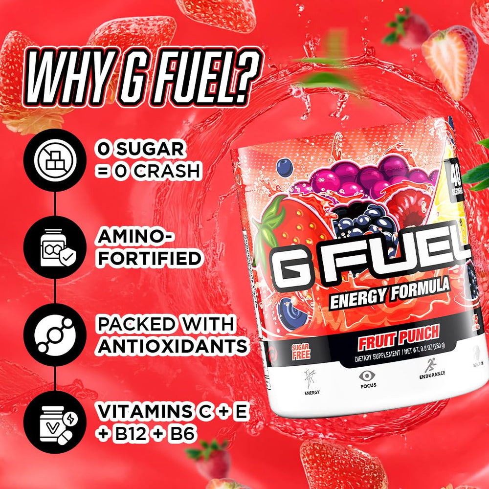 G Fuel Fruit Punch nutrition facts label emphasizing vitamins