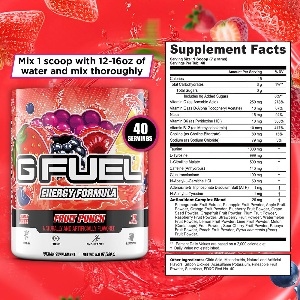G Fuel Fruit Punch packaging box highlighting sugar-free energy