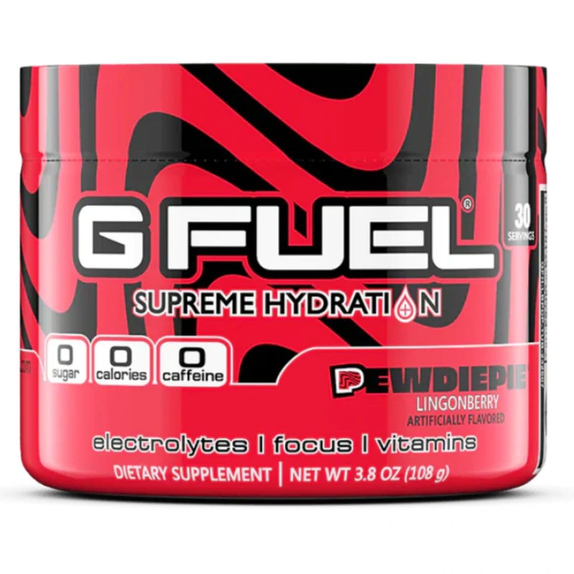 G Fuel PewDiePie Supreme Hydration tub with lingonberry flavor for focused, caffeine-free hydration