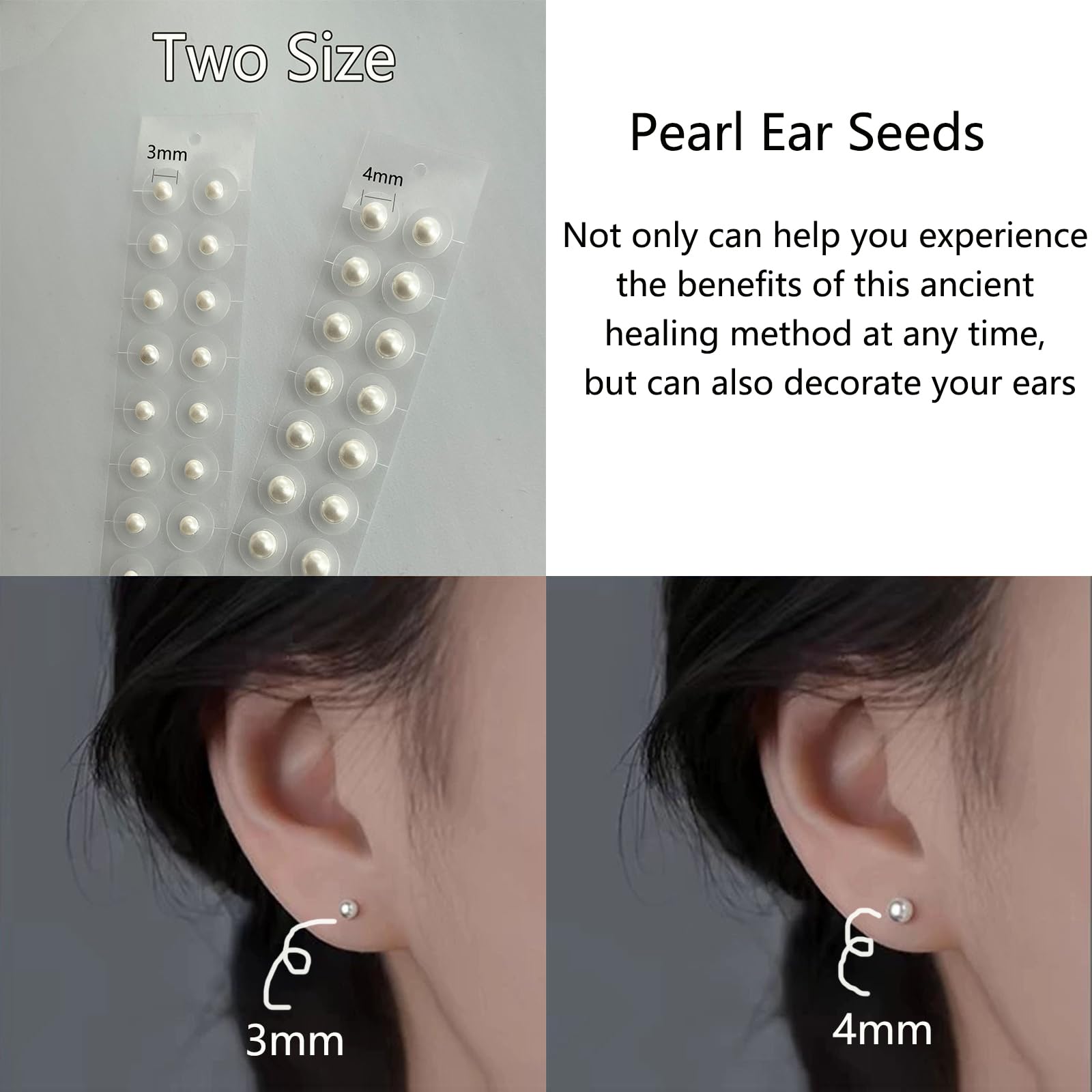 GGFSSQ Pearl Ear Seeds kit in-use on ear demonstrating needle-free acupressure.