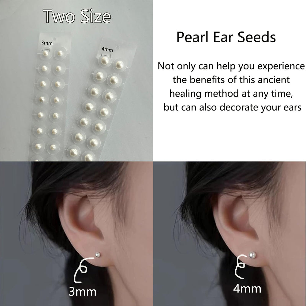 GGFSSQ Pearl Ear Seeds kit in-use on ear demonstrating needle-free acupressure.