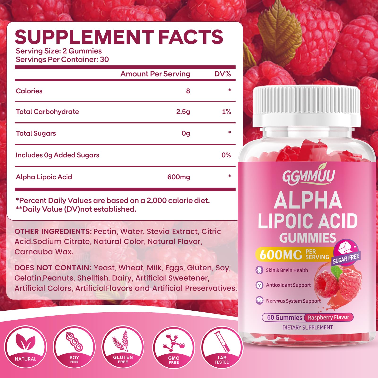GGMMUU ingredients panel highlighting sugar-free vegan formula and natural raspberry flavor