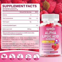GGMMUU Alpha Lipoic Acid Gummies label closeup highlighting 600 mg per serving.