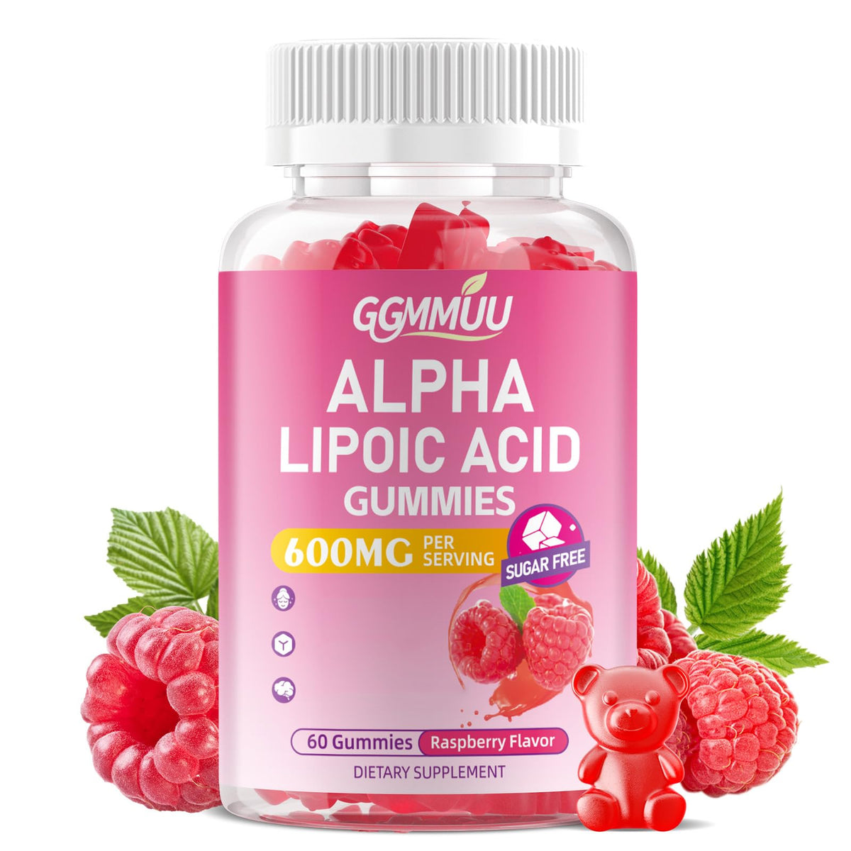 GGMMUU Alpha Lipoic Acid Gummies raspberry bottle for convenient daily energy support.