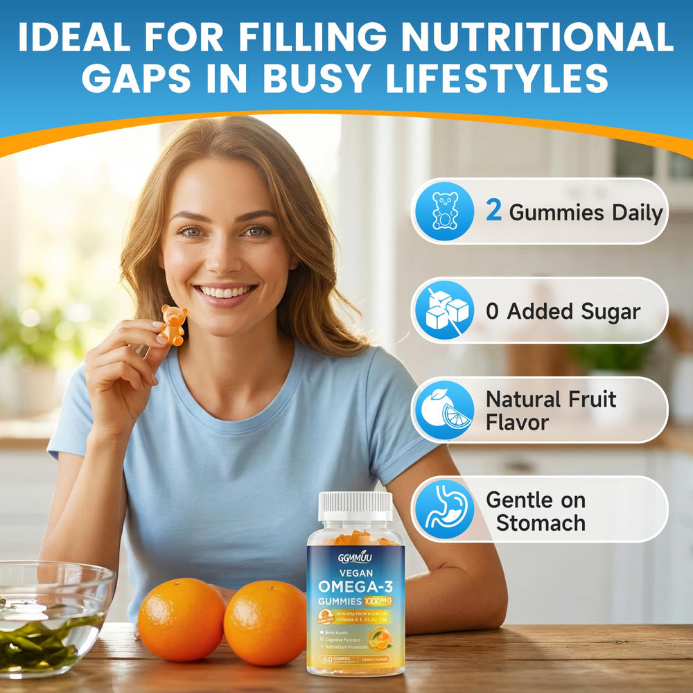 GGMMUU omega3 gummies vegan-label highlighting non-GMO and dairy-free.