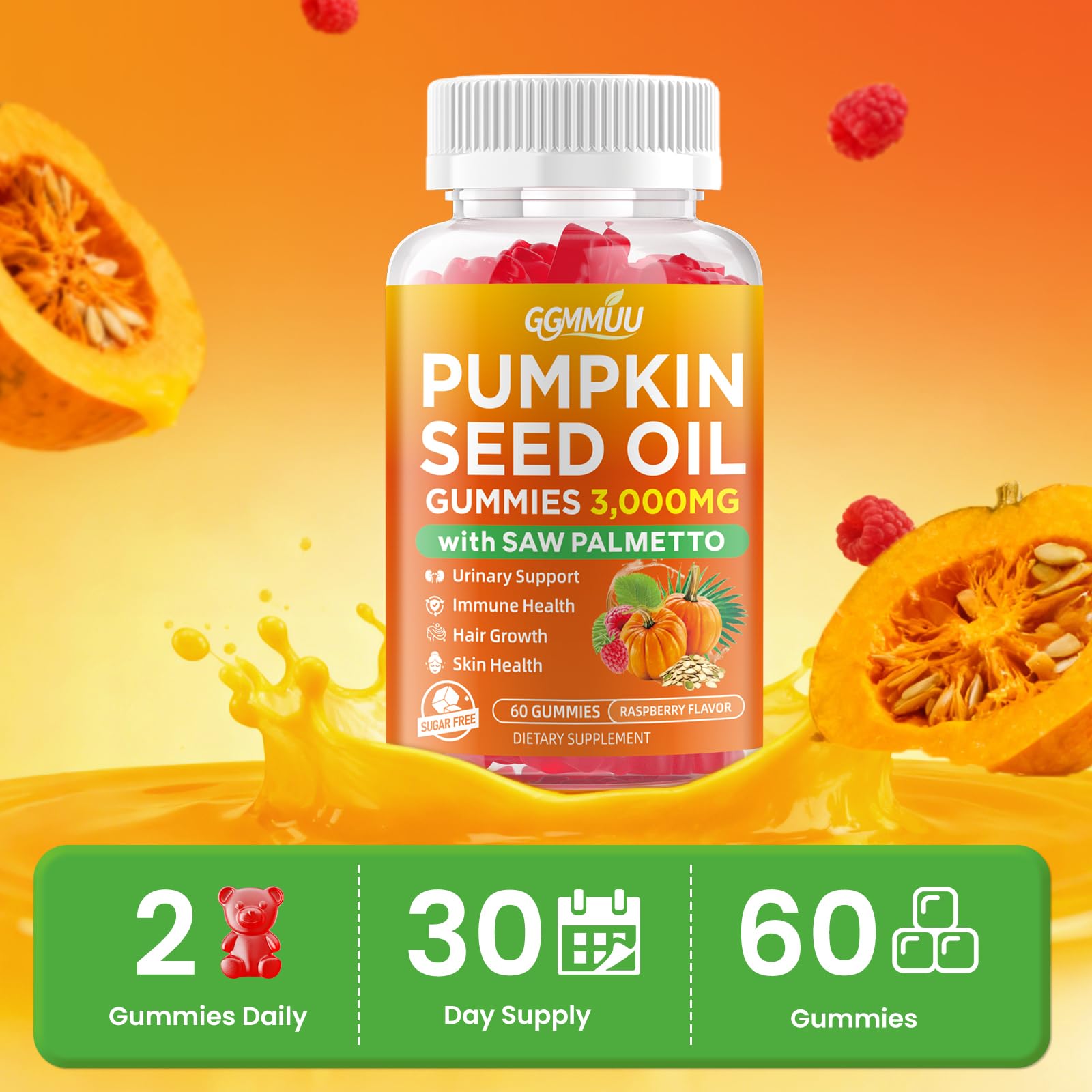 GGMMUU Saw Palmetto pumpkin-seed gummies bottle features a dual-action formula.