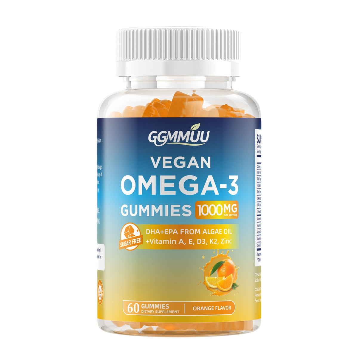 GGMMUU vegan omega3 gummies orange bottle highlights plant-based omega-3 goodness
