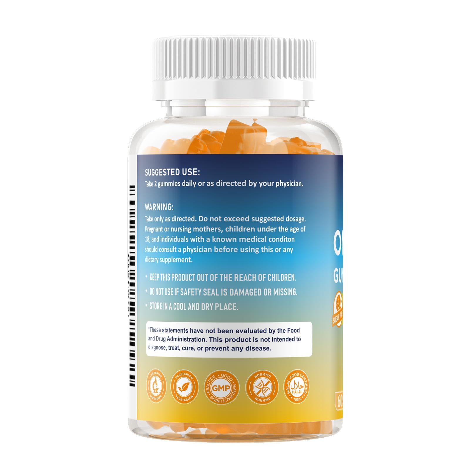 GGMMUU bottle with orange flavor and sugar-free, gelatin-free profile on display
