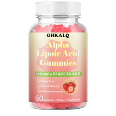 GHKALQ Alpha Lipoic Acid Gummies bottle with strawberry flavor, convenient daily energy support.