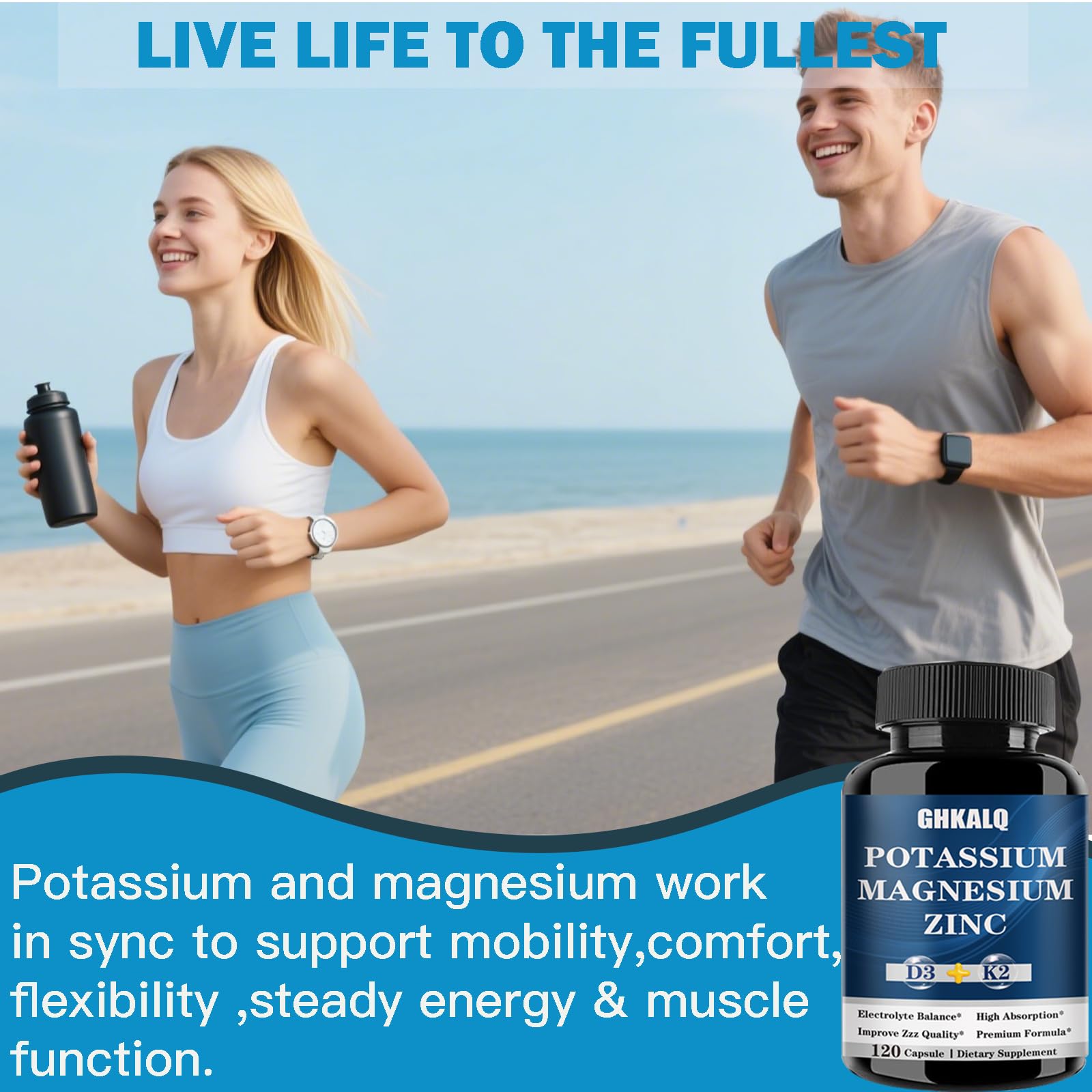 Wellness scene with GHKALQ pills and a glass of water.