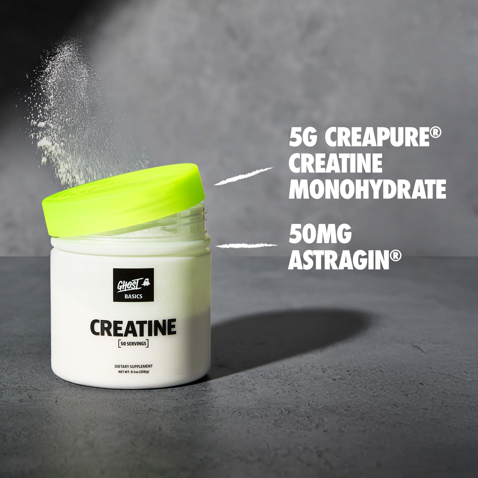 Ghost Basics Creatine powder dissolving in water for quick, smooth mixing.