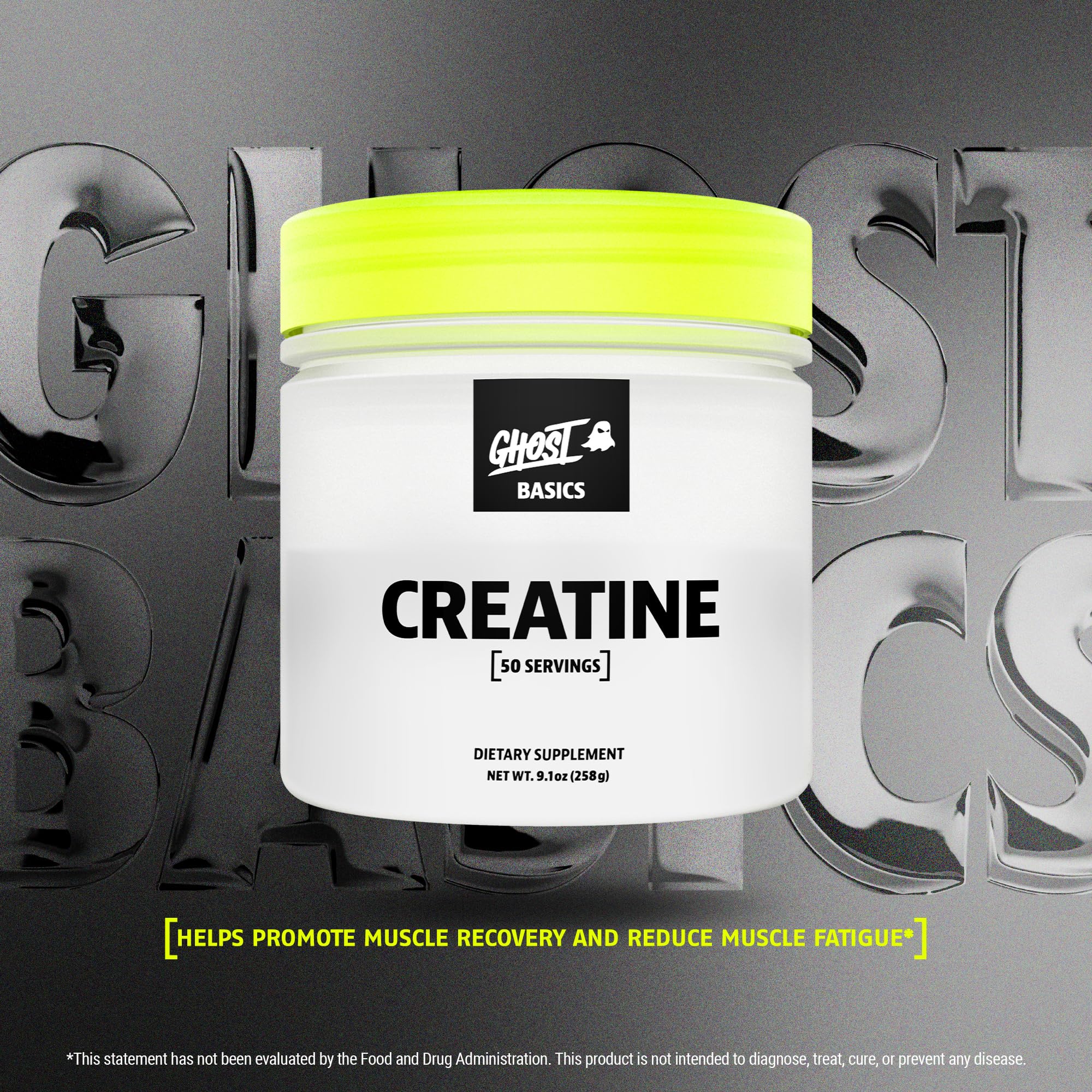 Ghost Basics Creatine powder scoop demonstrates easy, precise daily dosing.