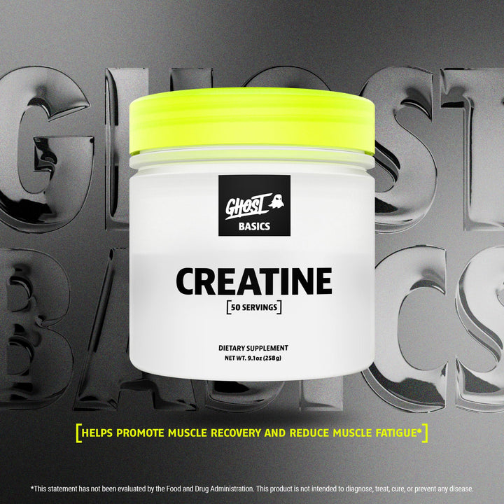 Ghost Basics Creatine powder scoop demonstrates easy, precise daily dosing.