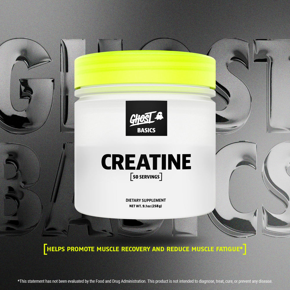Ghost Basics Creatine powder scoop demonstrates easy, precise daily dosing.
