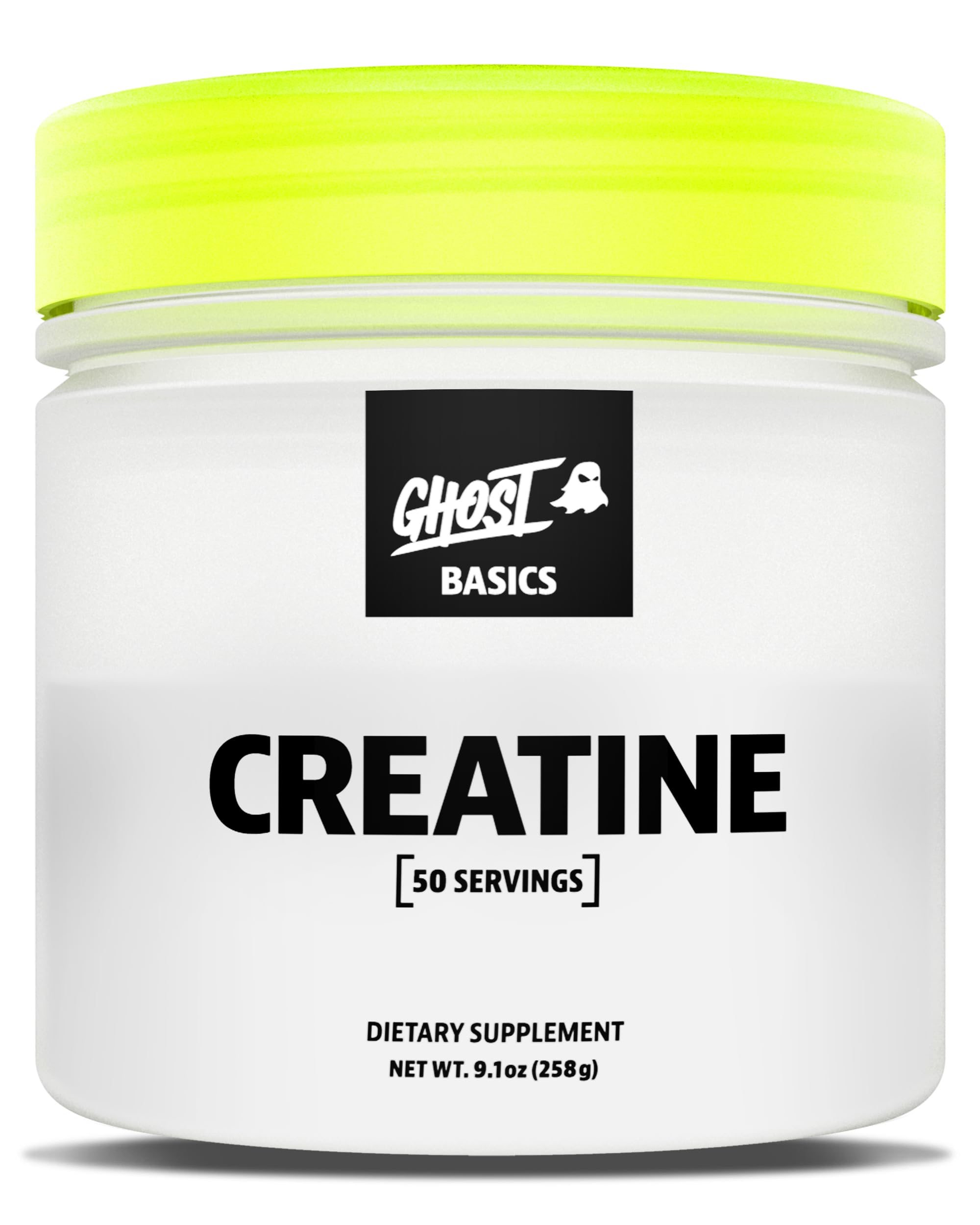 Ghost Basics Creatine powder tub with label highlighting transparent dosing for clarity and trust.