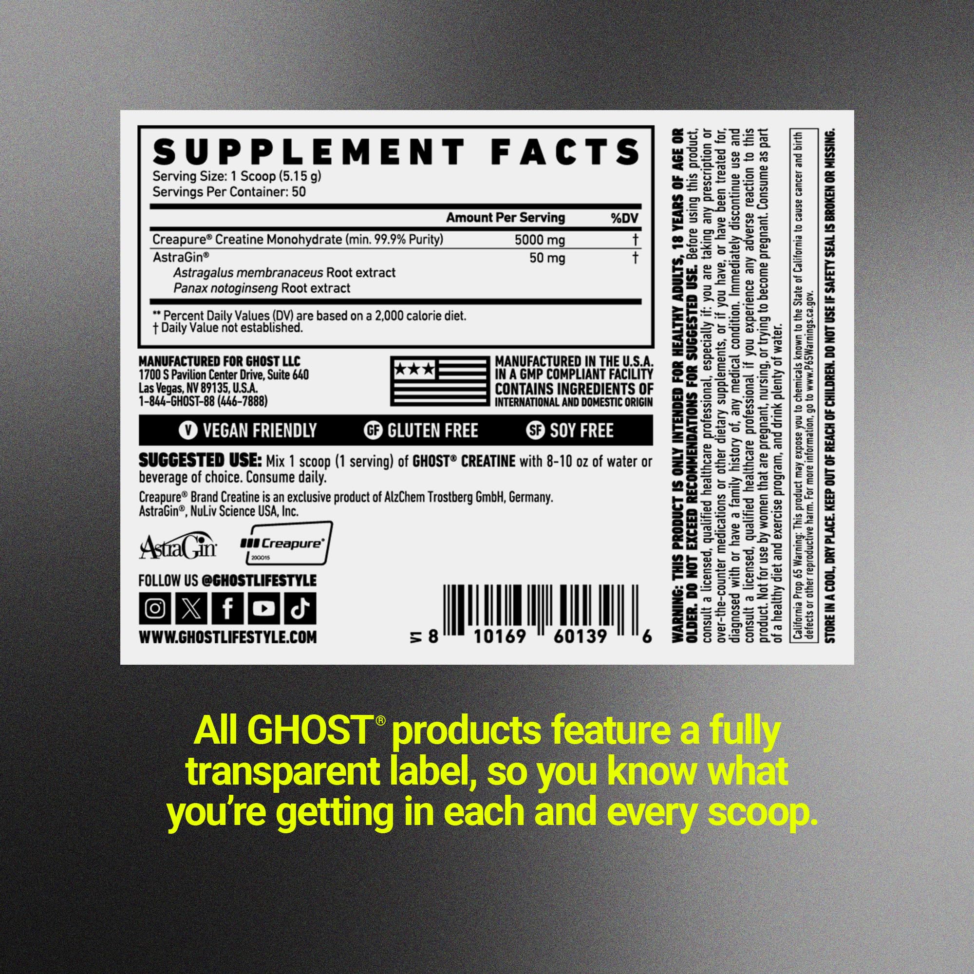 Ghost Basics Creatine powder vegan-friendly tub highlights allergy-conscious formula.
