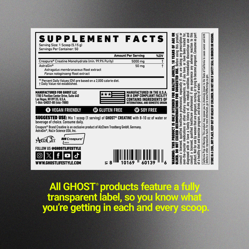 Ghost Basics Creatine powder vegan-friendly tub highlights allergy-conscious formula.