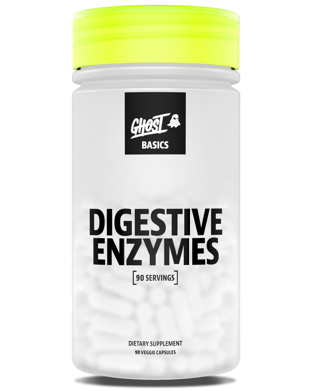 GHOST Basics Digestive Enzymes bottle showcases vegan formula for daily digestion and absorption.