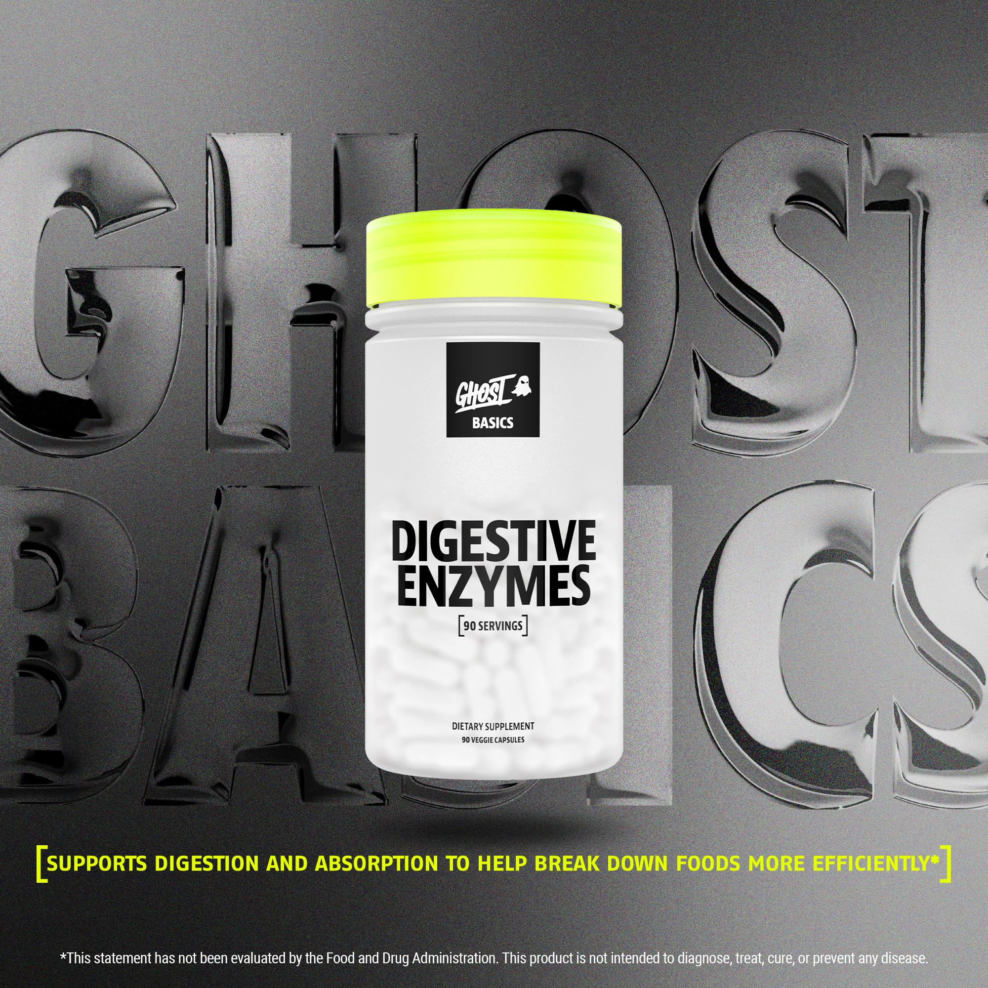 GHOST Basics capsules ready-to-swallow form a multi-enzyme blend for post-meal comfort.