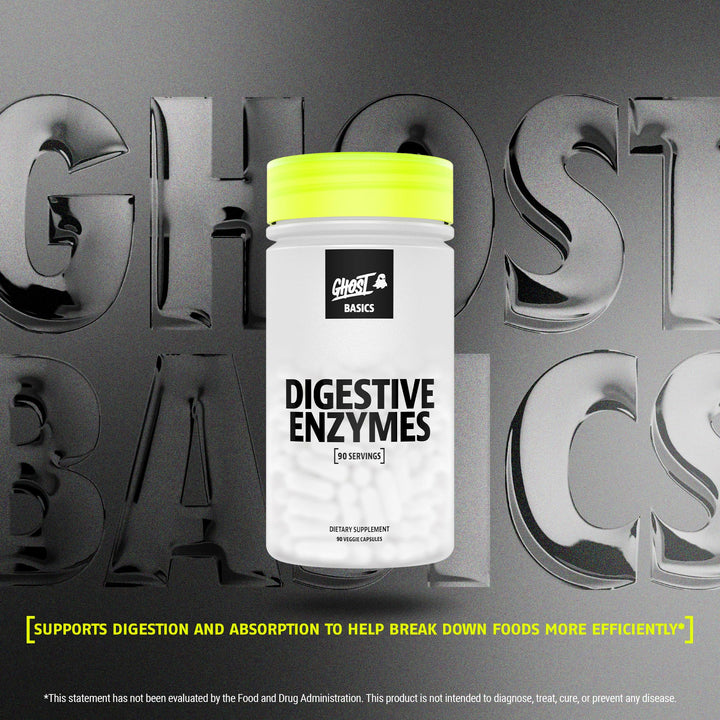 GHOST Basics capsules ready-to-swallow form a multi-enzyme blend for post-meal comfort.