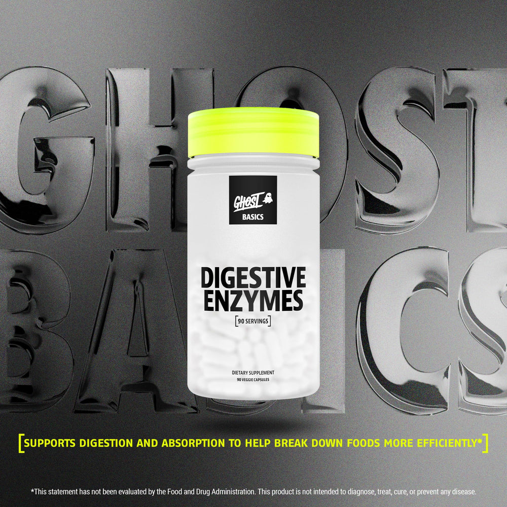 GHOST Basics capsules ready-to-swallow form a multi-enzyme blend for post-meal comfort.