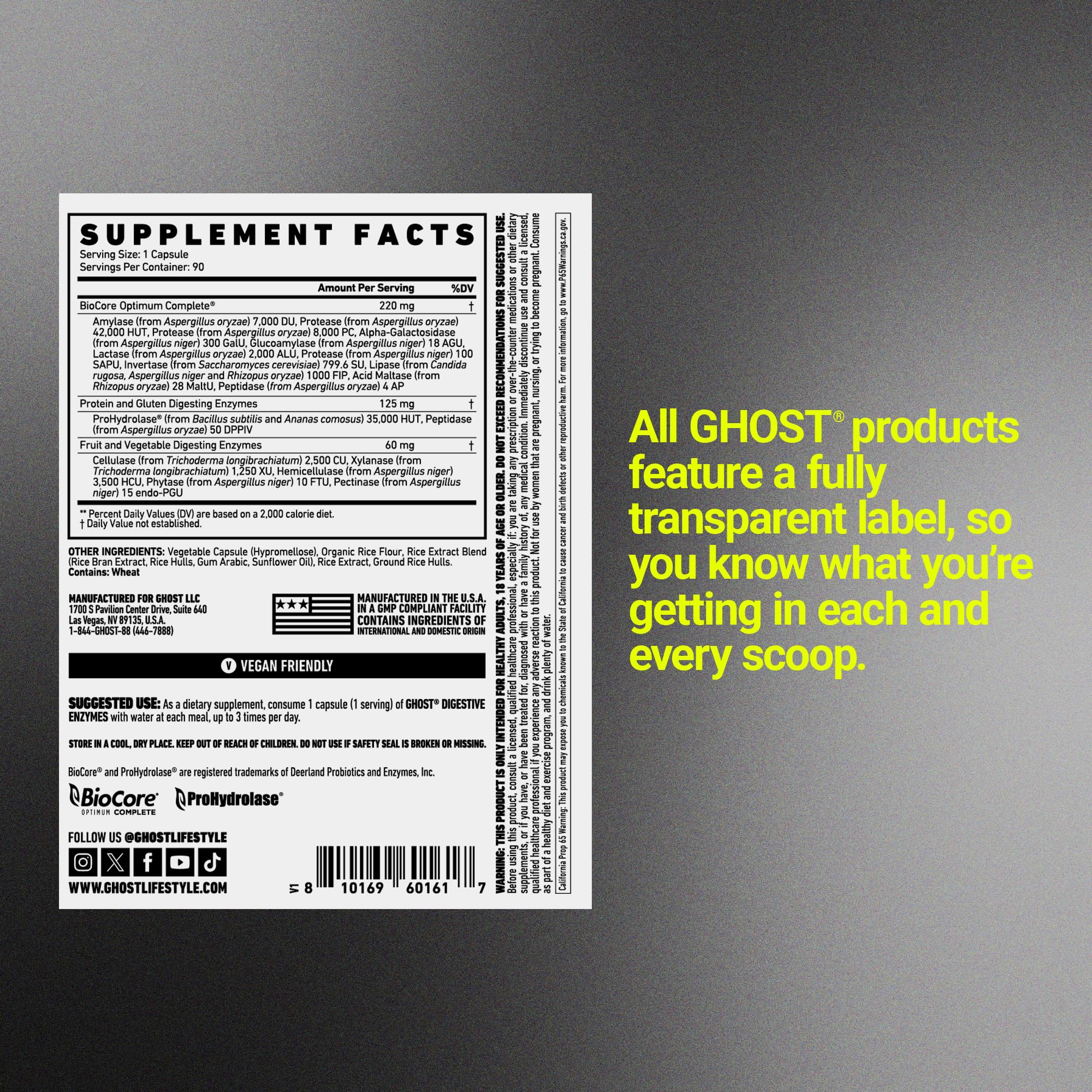 GHOST vegan-friendly badge on packaging signals plant-based digestive support.